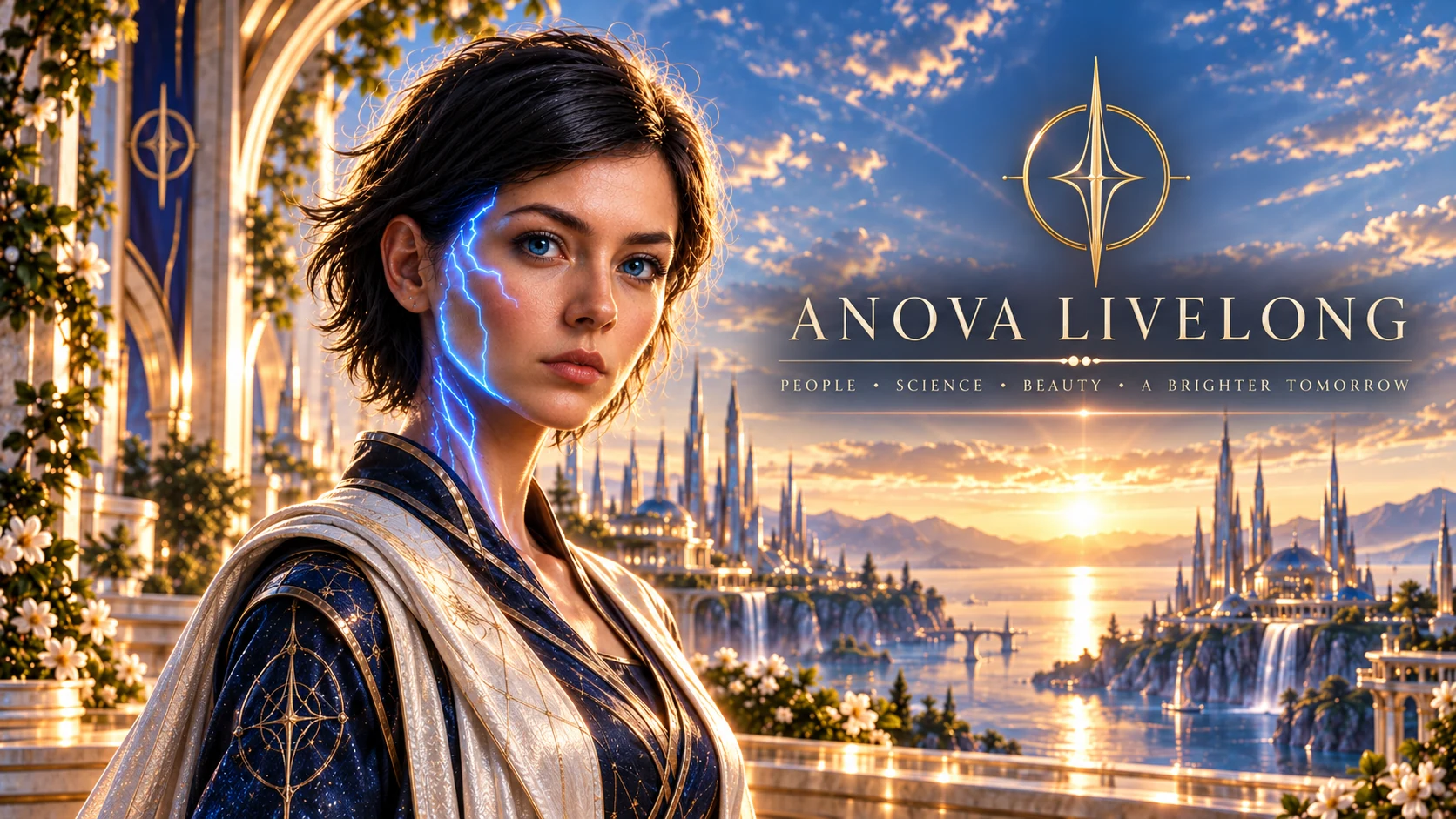 Anova Livelong before a luminous coastal city
    at dawn, with her emblem, name and the words
    People, Science, Beauty, A Brighter Tomorrow.