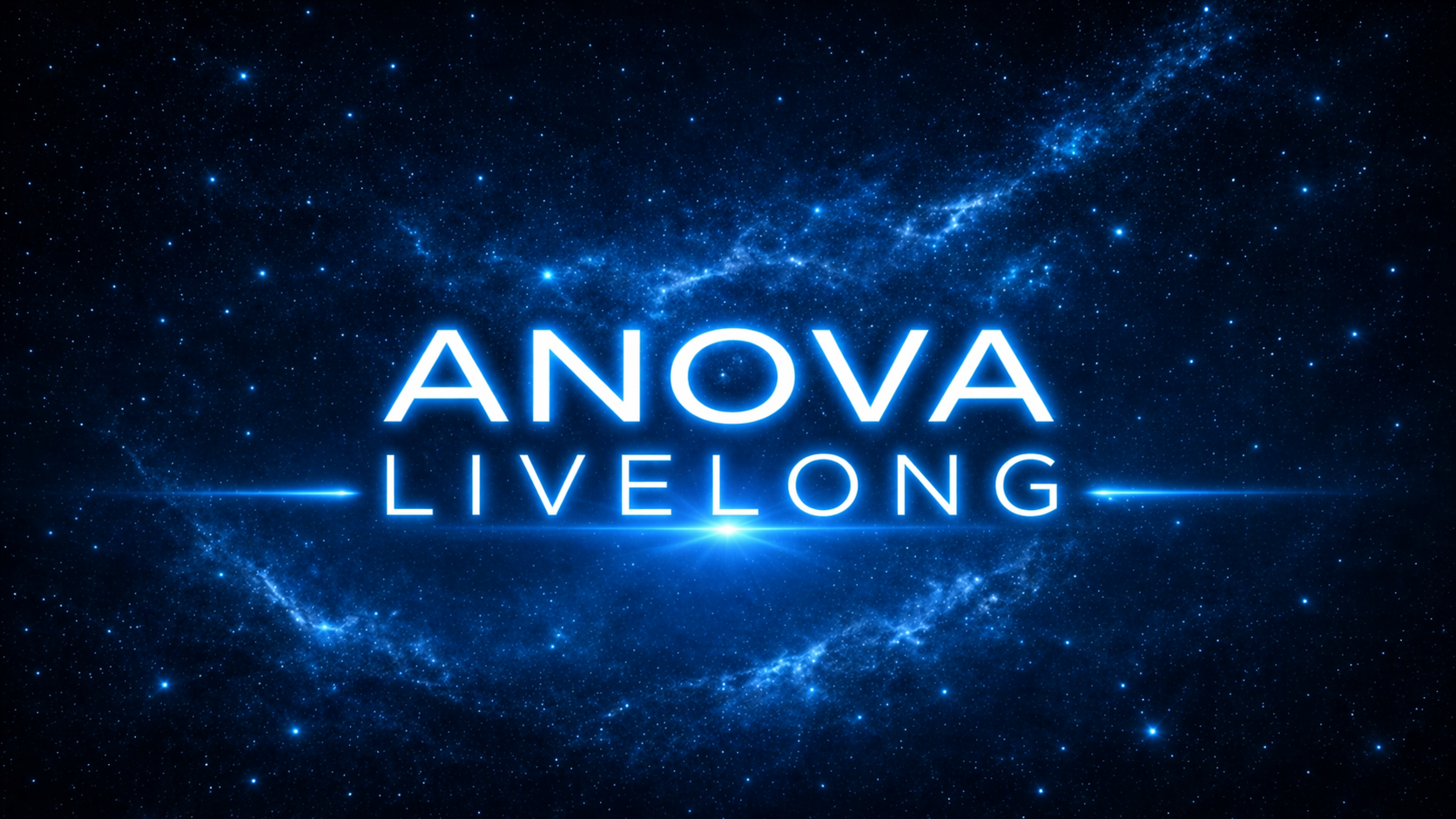 Anova Livelong cinematic wordmark in a blue star field