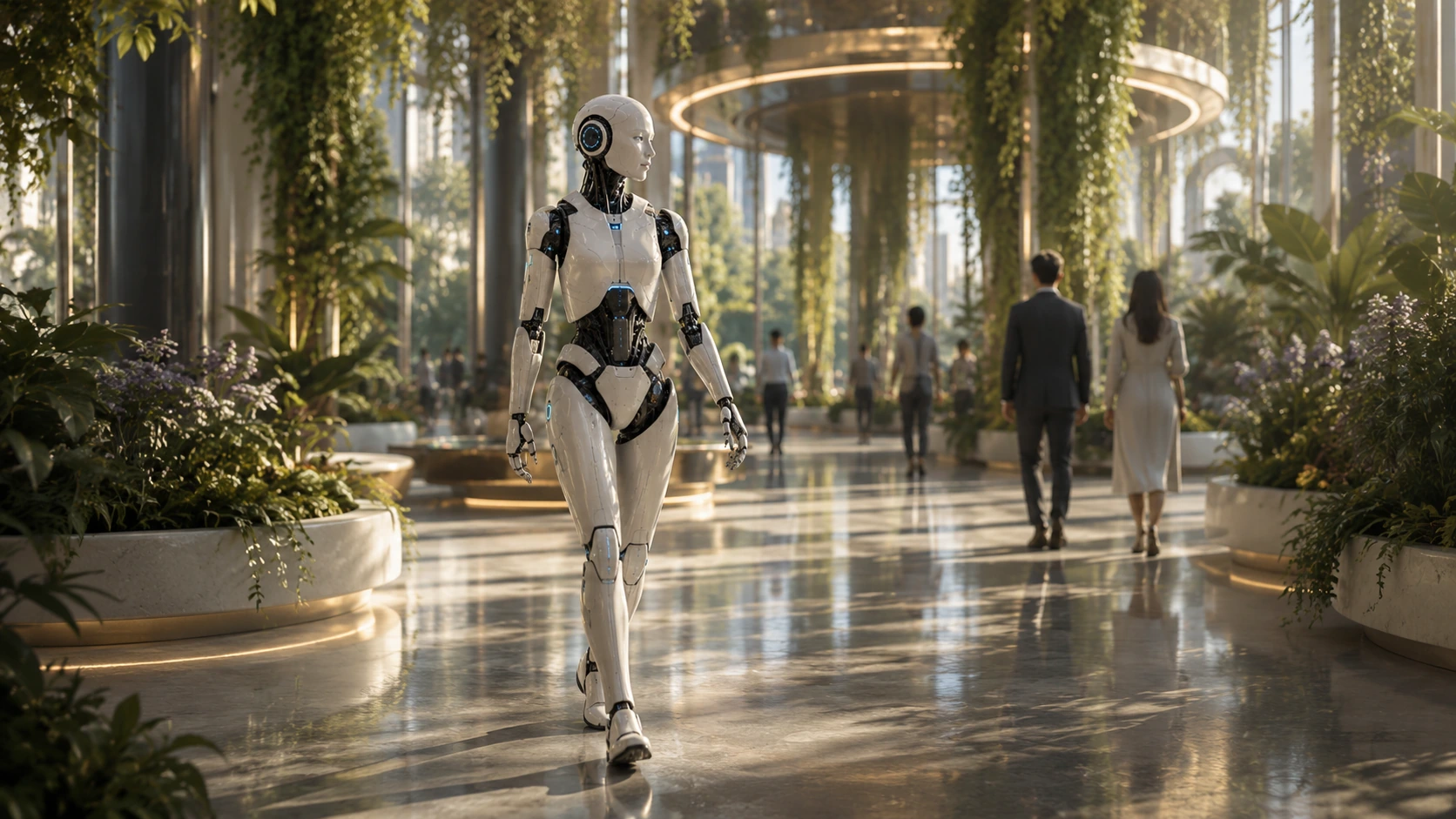 Aster Nova walking through a biophilic future atrium