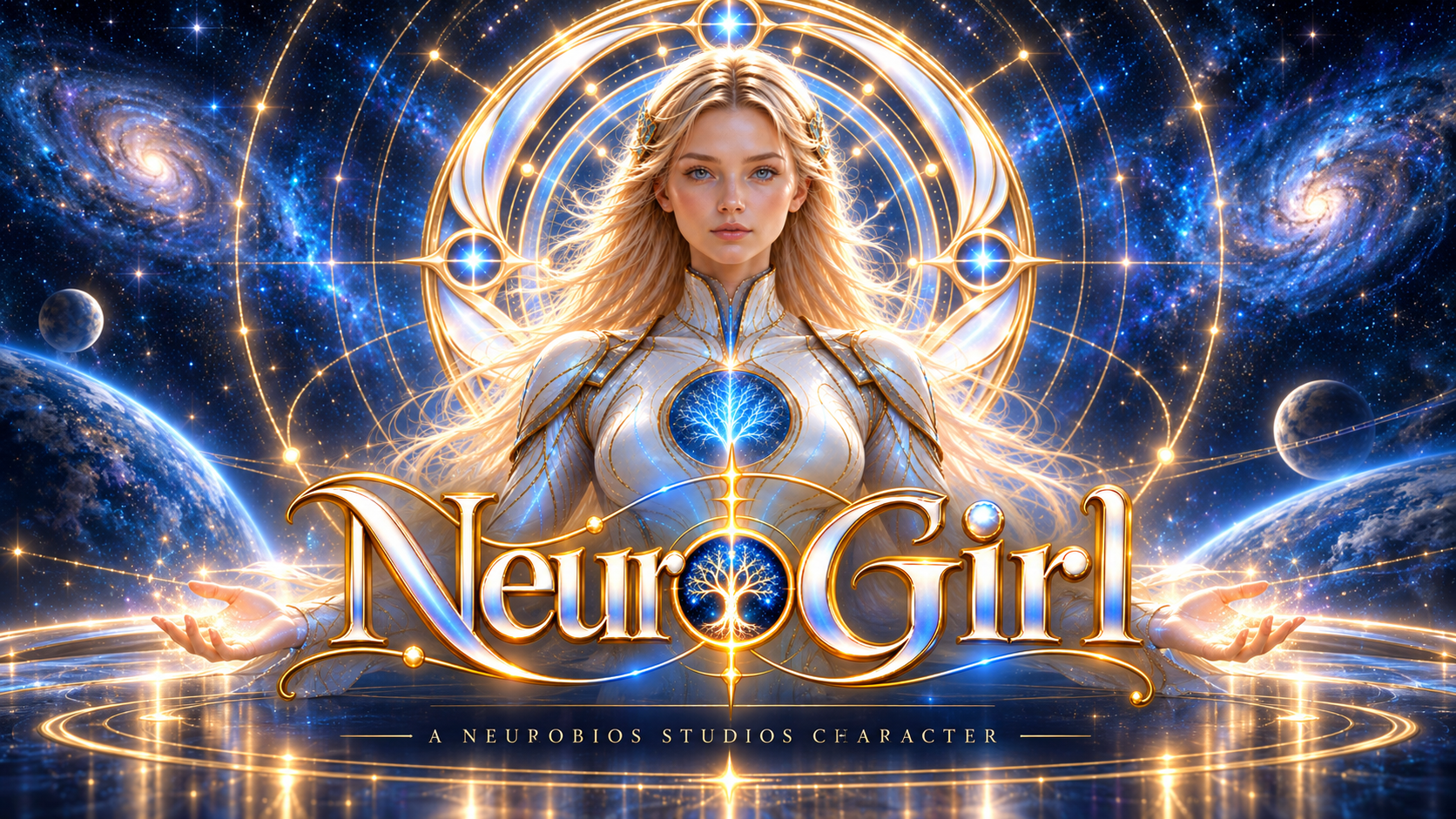 NeuroGirl, serene in luminous silver-and-gold armour, framed by golden celestial orbits and distant galaxies; the NeuroGirl wordmark and Tree of Life glow beneath her.