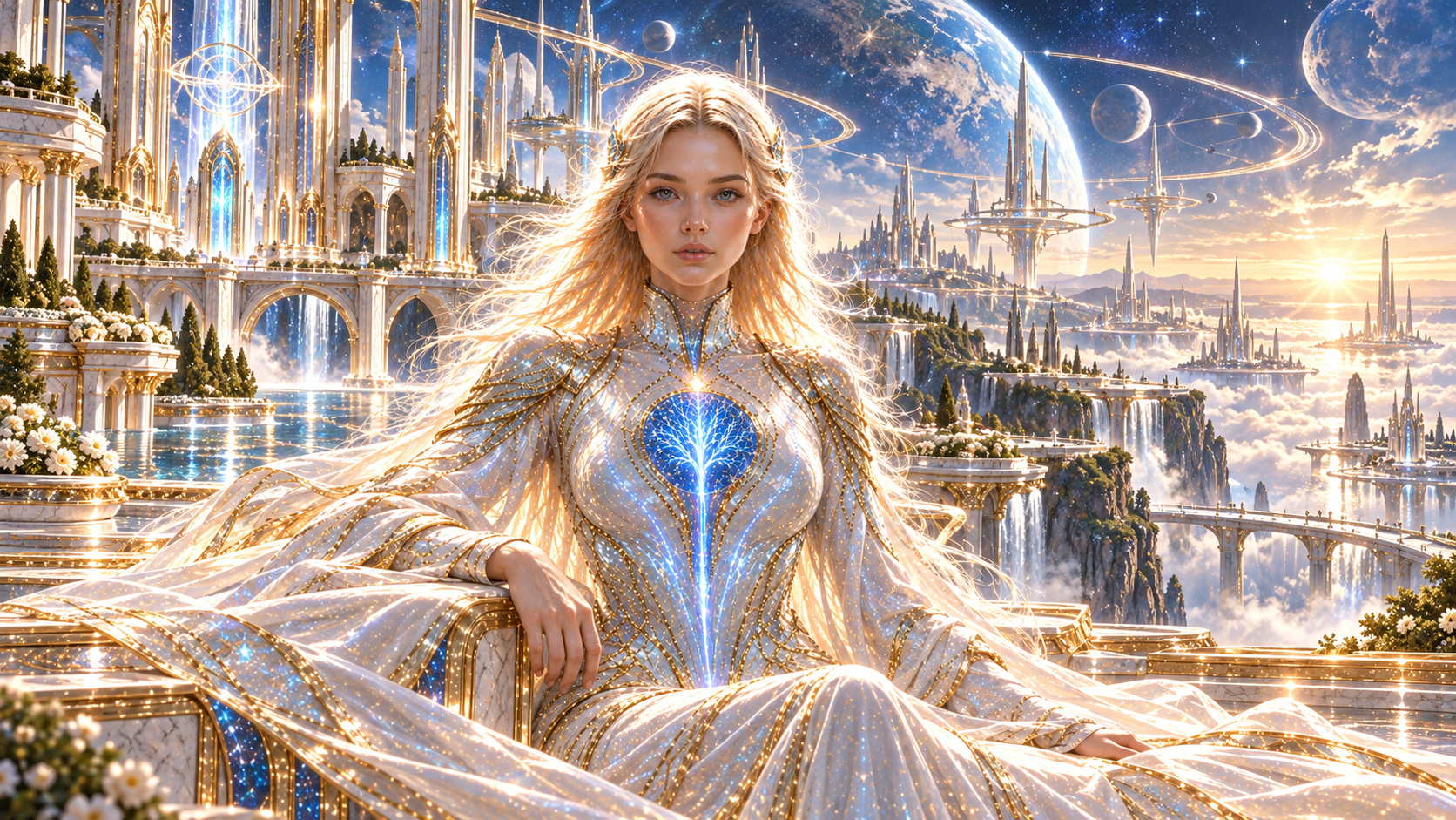 NeuroGirl seated in an expansive white-and-gold celestial world, with luminous towers, waterfalls and planets under a golden sky.