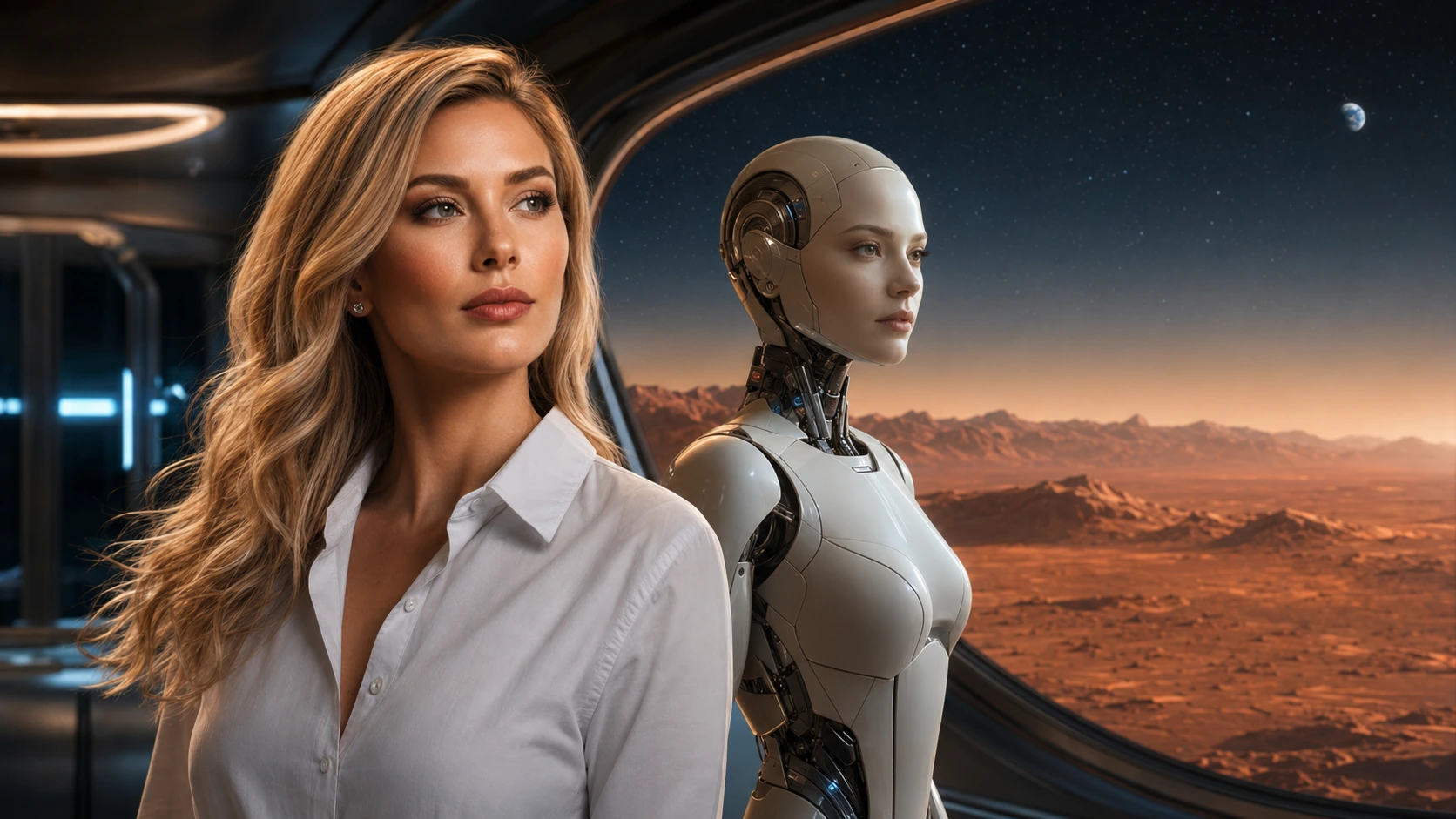Nova Hale and Aster Nova looking toward Earth from orbit