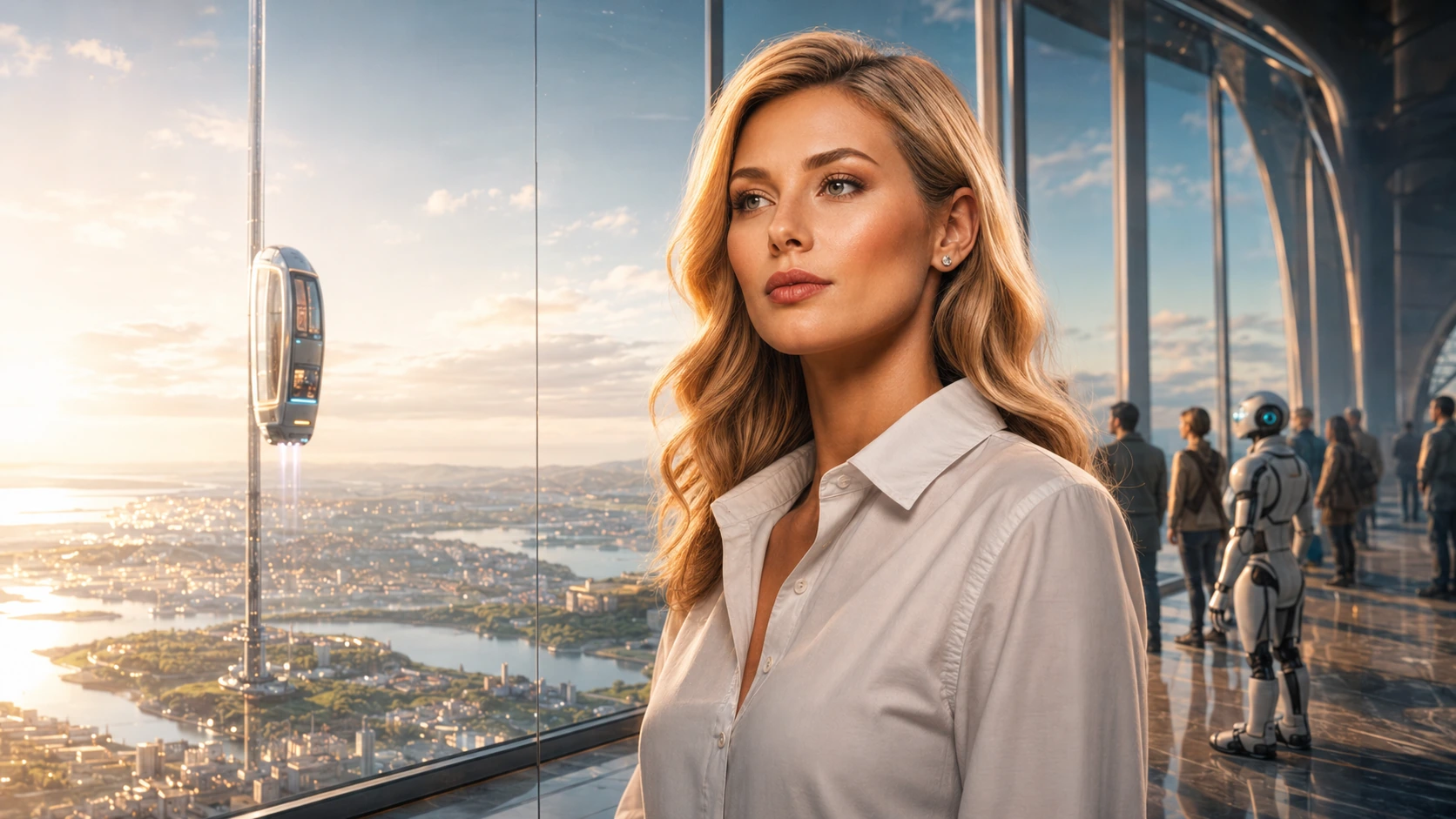 Nova Hale overlooking a luminous future city at first departure