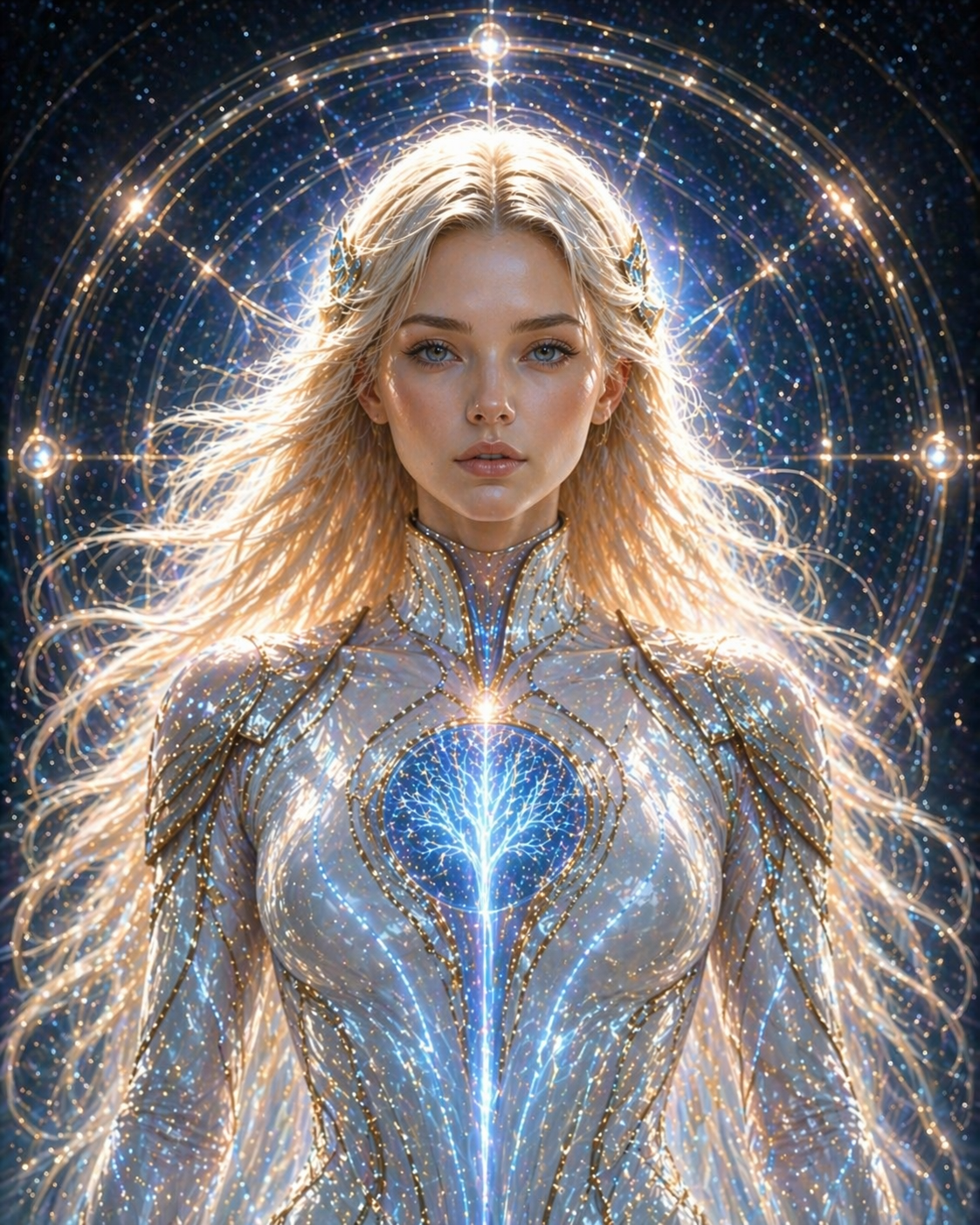NeuroGirl with gentle blue eyes, a luminous branching tree at her heart, and gold-and-blue cosmic halo rings.